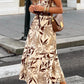 Brown Ruffled V Neck Leaves Print Long Dress