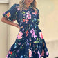 Black Floral Short Bubble Sleeve Button Mandarin Collar Dress