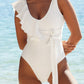 White Asymmetric Ruffle Trim Tie Waist One Piece Swimsuit