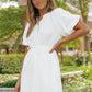 White Puff Sleeve Drawstring Shirt Dress with Pockets