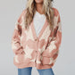 Pink Sherpa Star Pattern Textured Sweater Cardigan with Pockets