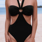 Black Halter O-ring Ruched Bust One Piece Swimsuit