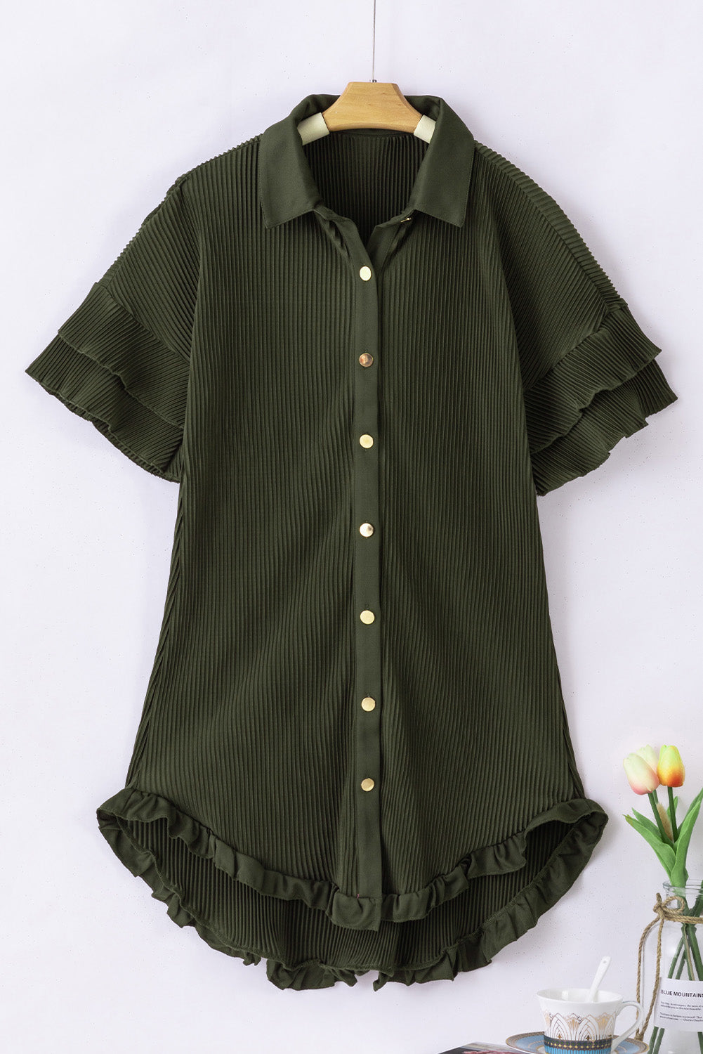 Moss Green High-low Hem Ruffle Sleeve Pleated Shirt Dress