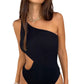 Black Solid Textured Cut Out One Shoulder Monokini