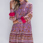 Purple Floral Smocked Puff Sleeve High Neck Mini Dress