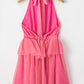 Strawberry Pink Gauze Ruffle Tiered Knotted Halter Dress