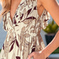 Brown Ruffled V Neck Leaves Print Long Dress