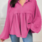 Bright Pink Corded Turn-down V Neck Bubble Sleeve Babydoll Blouse