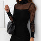 Black Dotted Mesh Striped Frilled Neck Bubble Sleeve Dress