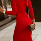 Fiery Red Long Sleeves Wrap V Neck Ruched Sheath Bodycon Dress