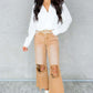 Brown Distressed Hollow-out High Waist Cropped Flare Jeans