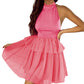 Strawberry Pink Gauze Ruffle Tiered Knotted Halter Dress