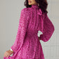 Rose Leopard Puff Sleeve Knotted High Neck Ruffle Dress