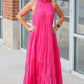 Rose Red High Frilled Neck Tiered Sleeveless Maxi Dress