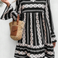 Black Boho Geometric Printed Flared Long Sleeve Mini Dress