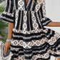 Black Geometric Print V Neck Ruffled Dress