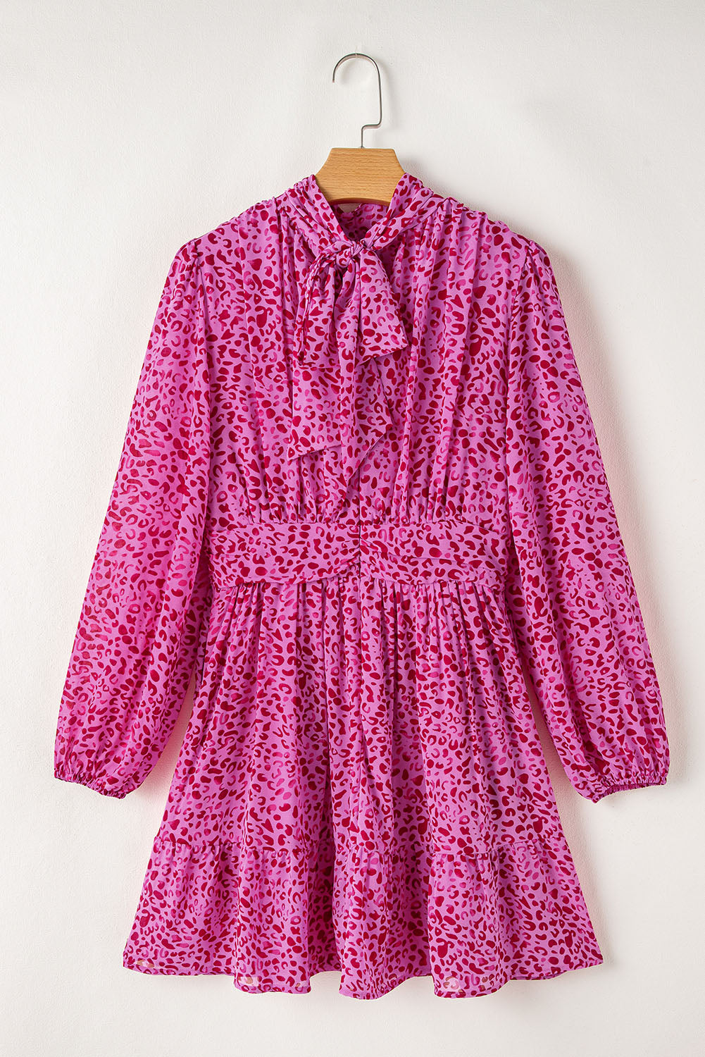 Rose Leopard Puff Sleeve Knotted High Neck Ruffle Dress