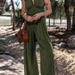 Moss Green Sleeveless V Neck Ruched Wide Leg Jumpsuit