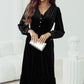 Black Velvet Buttoned Puff Sleeve V Neck Split Midi Dress