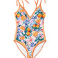 Orange Fruit Plant Print Tied Straps V Neck One Piece Swimsuit