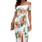 Green Floral Print Off Shoulder Slit Bodycon Midi Dress