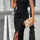 Black Textured Short Sleeve Twist Front Split Midi Dress