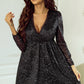 Black Glitter Mesh Overlay V Neck Long Sleeve Dress