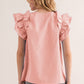 Peach Blossom Shirring Buttoned Neck Ruffle Sleeve Blouse