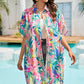 Multicolor Plant Print Button-up Half Sleeve Beach Cover Up