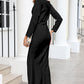 Black Drape Neck Tie Waist Long Sleeve Slit Dress