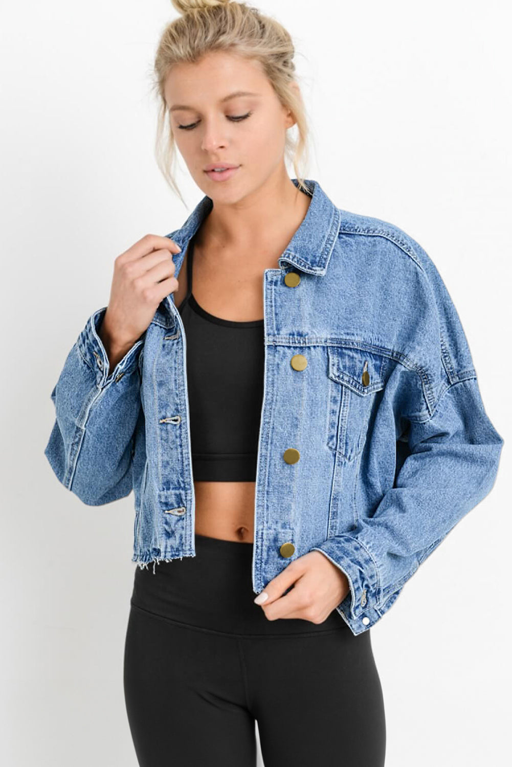 Sky Blue Medium Wash Chunky Cropped Denim Jacket