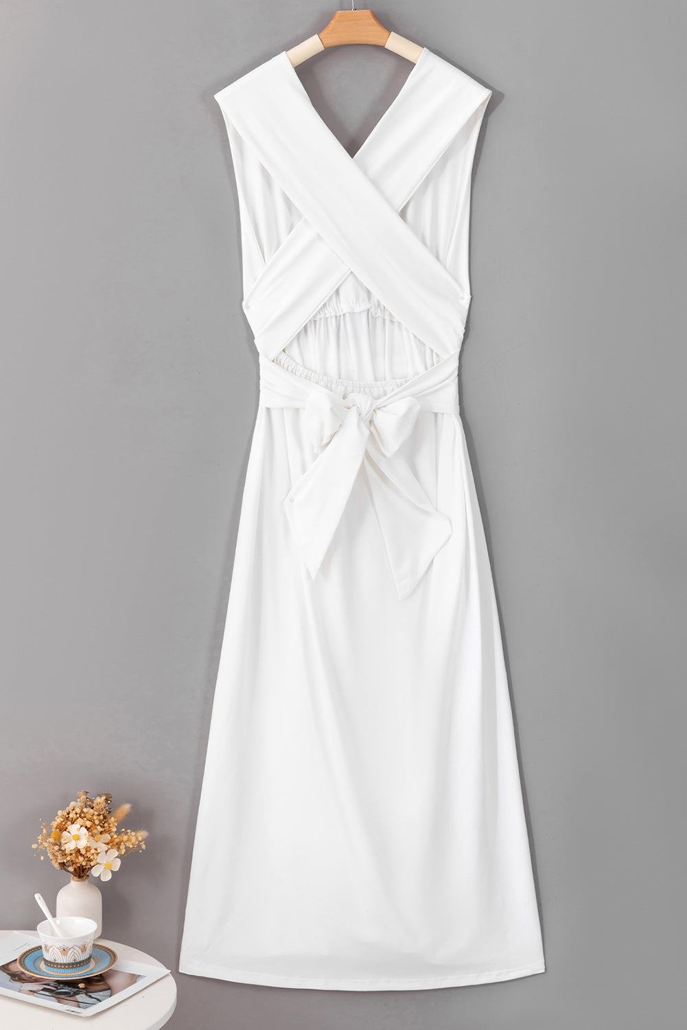 White Sleeveless Ruched High Split Cutout Back Maxi Dress