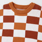 Orange Checkered Ribbed Edge O Neck Drop Shoulder Sweater