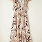 Brown Ruffled V Neck Leaves Print Long Dress