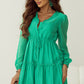 Sea Green Frilly V Neck Puff Sleeve Drawstring Shift Mini Dress