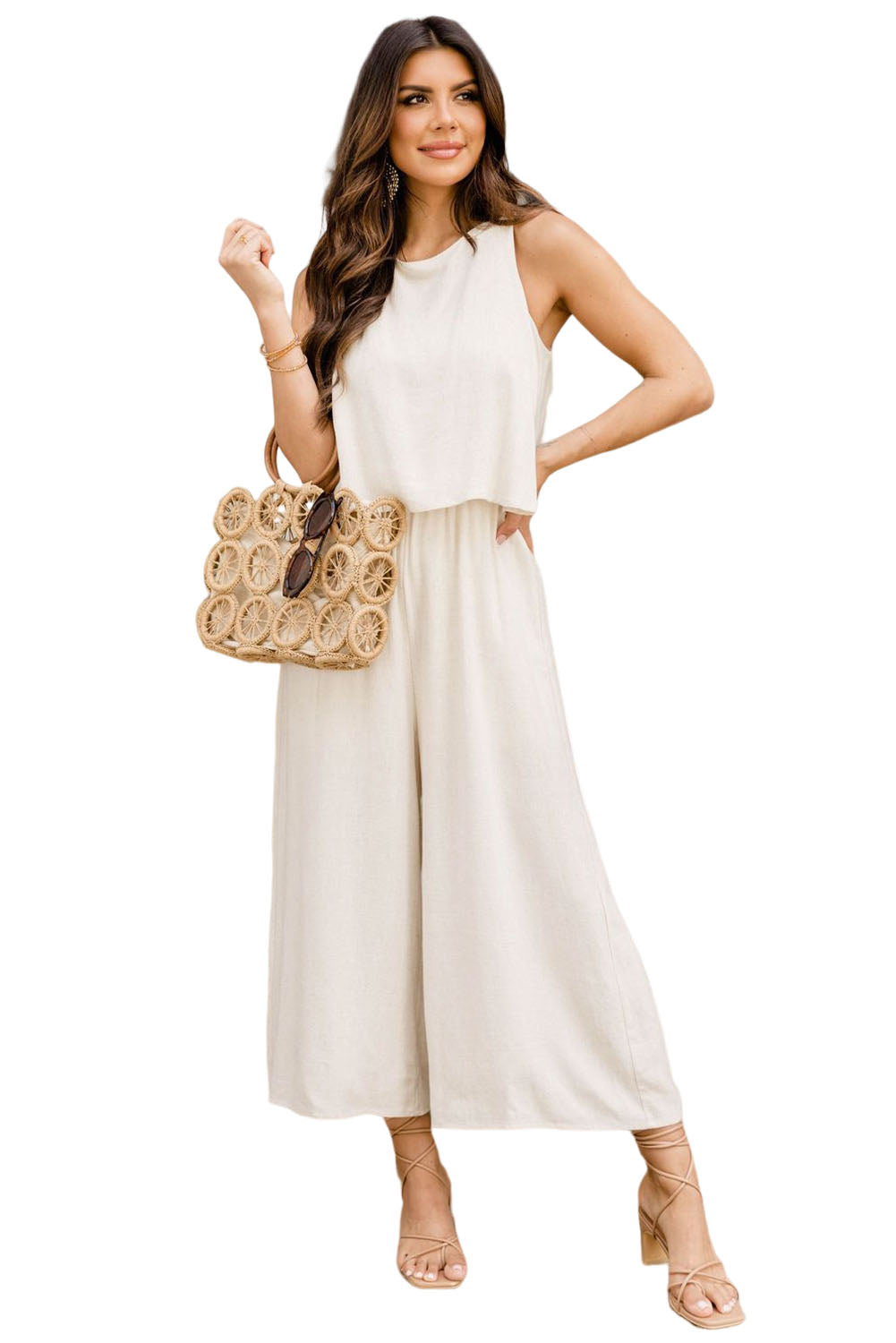 Apricot Sleeveless Ankle Length Wide Leg Jumpsuit