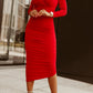 Fiery Red Long Sleeves Wrap V Neck Ruched Sheath Bodycon Dress