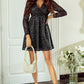 Black Glitter Mesh Overlay V Neck Long Sleeve Dress