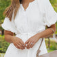 White Puff Sleeve Drawstring Shirt Dress with Pockets