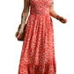 Red Boho Floral Self Tie Straps Smocked Bodice Long Dress