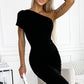 Black One-shoulder Short Sleeve Ruched Bodycon Dress