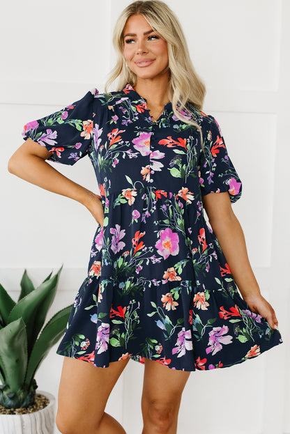 Black Floral Short Bubble Sleeve Button Mandarin Collar Dress