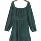 Green Ruched Square Neck Puff Sleeve Mini Dress