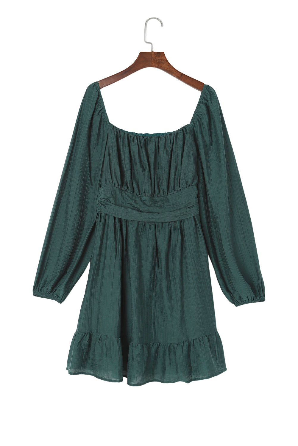 Green Ruched Square Neck Puff Sleeve Mini Dress