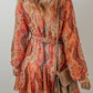 Orange Boho Paisley Print Long Sleeve Pleated Belted Mini Dress