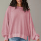 Pink Waffle Knit Bishop Sleeve Split Oversized Sweatshirt