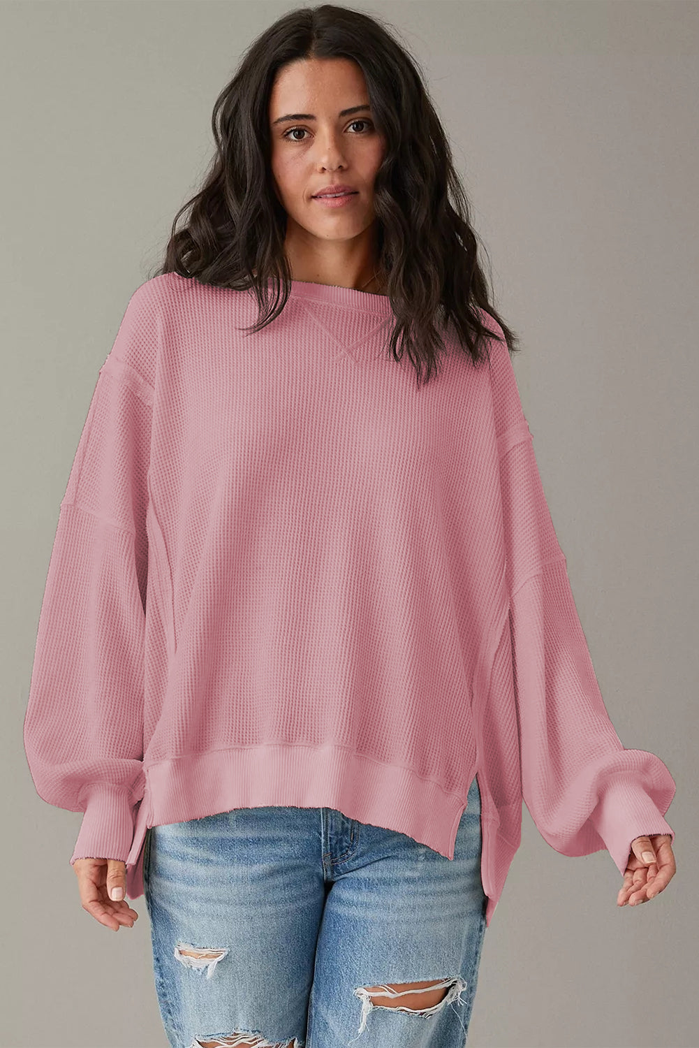 Pink Waffle Knit Bishop Sleeve Split Oversized Sweatshirt