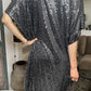 Dark Grey Sequin V Neck Dolman Sleeve Shift Dress