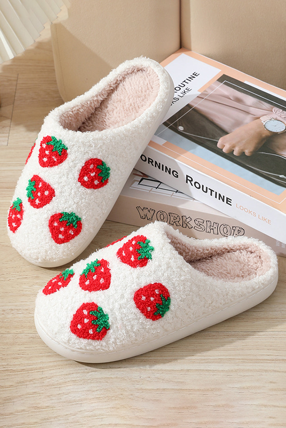 White Cute Fuzzy Strawberry Pattern Home Slippers