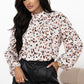 White Leopard Print Lantern Sleeve Mock Neck Pleated Blouse